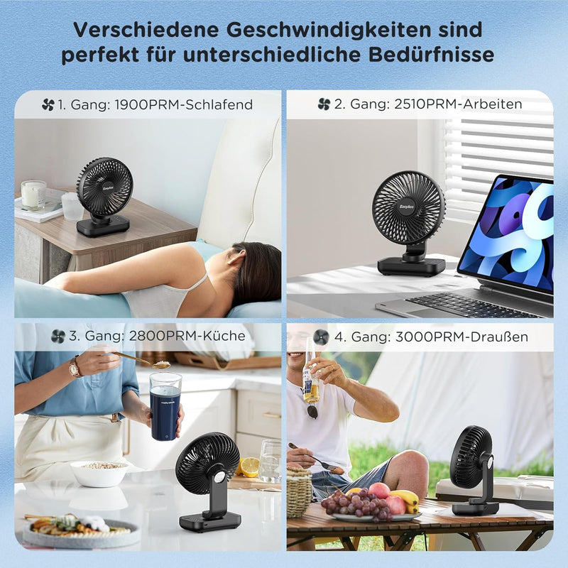EasyAcc Tischventilator Batterie USB Ventilator 4000 Akku Klein Tragbarer 4 Geschwindigkeiten Ventil