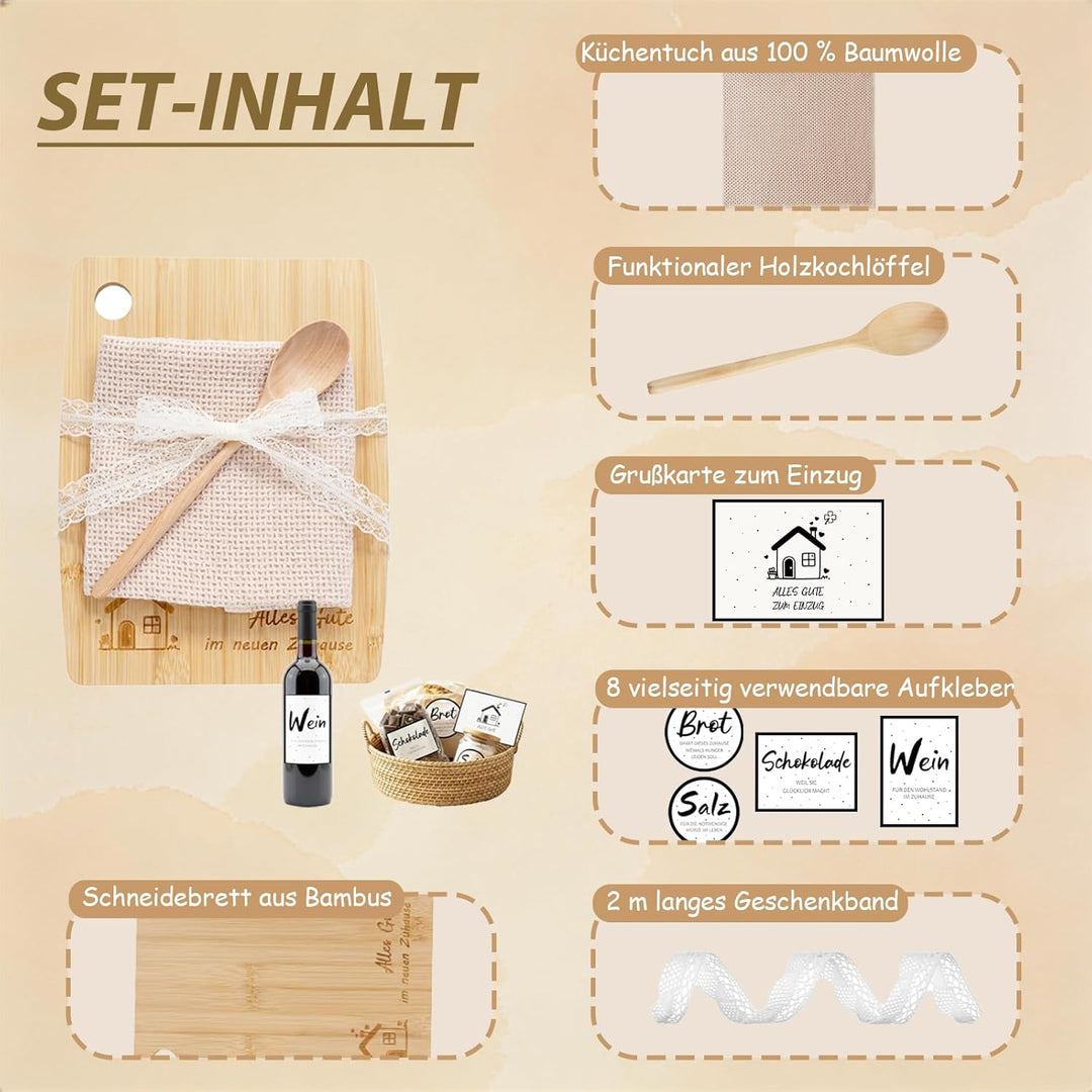 Geschenk zum Einzug – Brotkorb Set mit Holz Schneidebrett, Kochlöffel, Küchentuch & Aufklebern für S