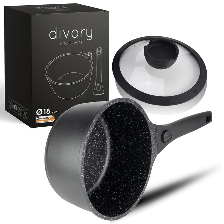 DIVORY Antihaft Kasserolle 18cm - 2L Stielkasserolle mit Deckel - Stieltopf klein - Milchtopf beschi