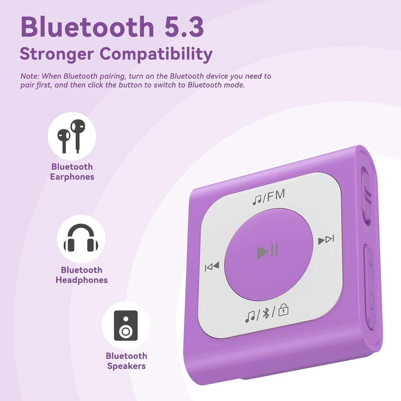 AGPTEK 64GB Clip MP3 Player mit Bluetooth, Mini Tragbarer Musikplayer mit Zufallswiedergabe, UKW-Rad