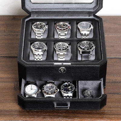 ROTHWELL Geschenkset 6 Slot Leder Uhrenbox und 2 Uhren Reiseetui - Luxus Uhrenetui Organizer, Aufbew