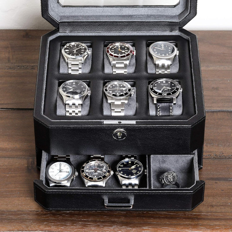 ROTHWELL Geschenkset 6 Slot Leder Uhrenbox und 2 Uhren Reiseetui - Luxus Uhrenetui Organizer, Aufbew