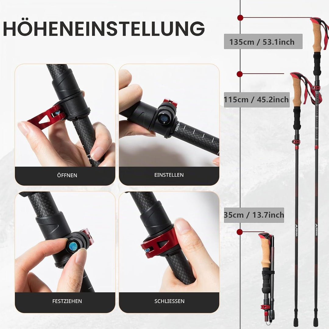 BISINNA Wanderstöcke faltbar Carbon mit Korkgriff Ultralleicht (ab 234g) I Nordic Walking Stöcke Dam