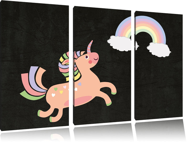 Pixxprint Flauschiges Einhorn mit Regenbogen schwarz 3-Teiler Leinwandbild 120x80 Bild auf Leinwand