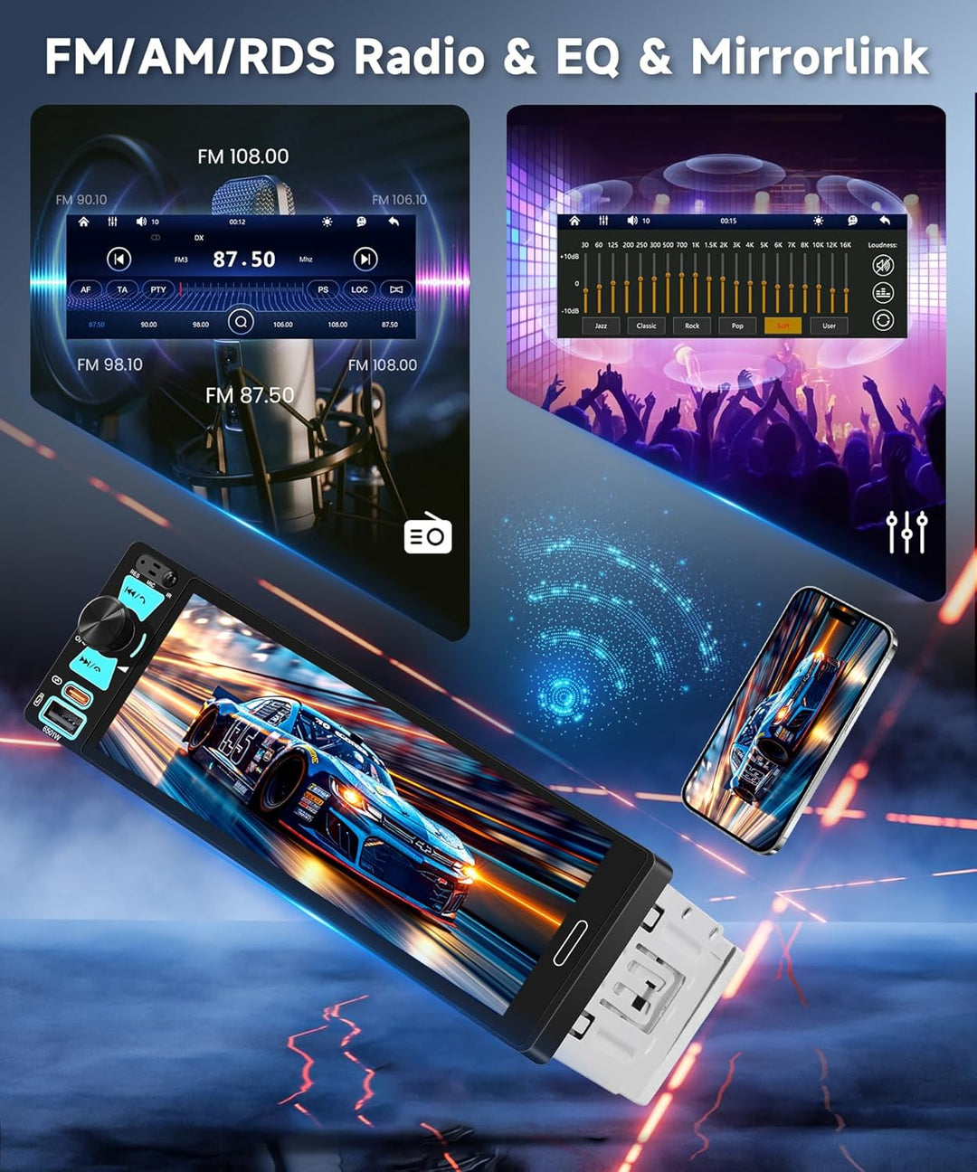 Hodozzy 1 Din RDS Autoradio mit Drahtlos Carplay Android Auto, 6.5 Zoll In-Cell Bildschirm,Unterstüt