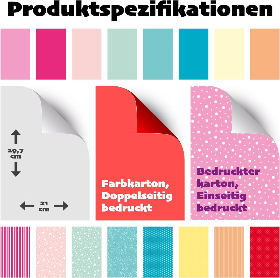 Craft Sensations 72 Blatt Dekorpapier - Karton - Buntes Papier DIN A4-220g/m² Set 9 Farben und Muste