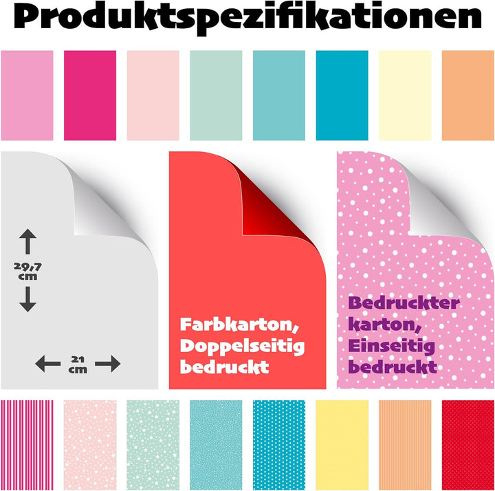 Craft Sensations 72 Blatt Dekorpapier - Karton - Buntes Papier DIN A4-220g/m² Set 9 Farben und Muste