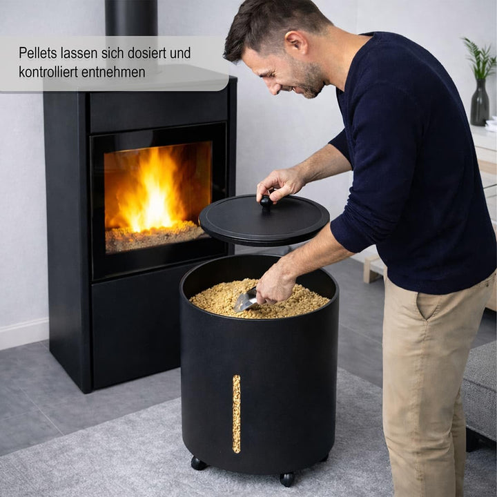 MS Beschläge Pelletsbox mit Rollen Pelletskorb rund ø 38cm Schwarz beschichtet Pelletseimer Pelletbe