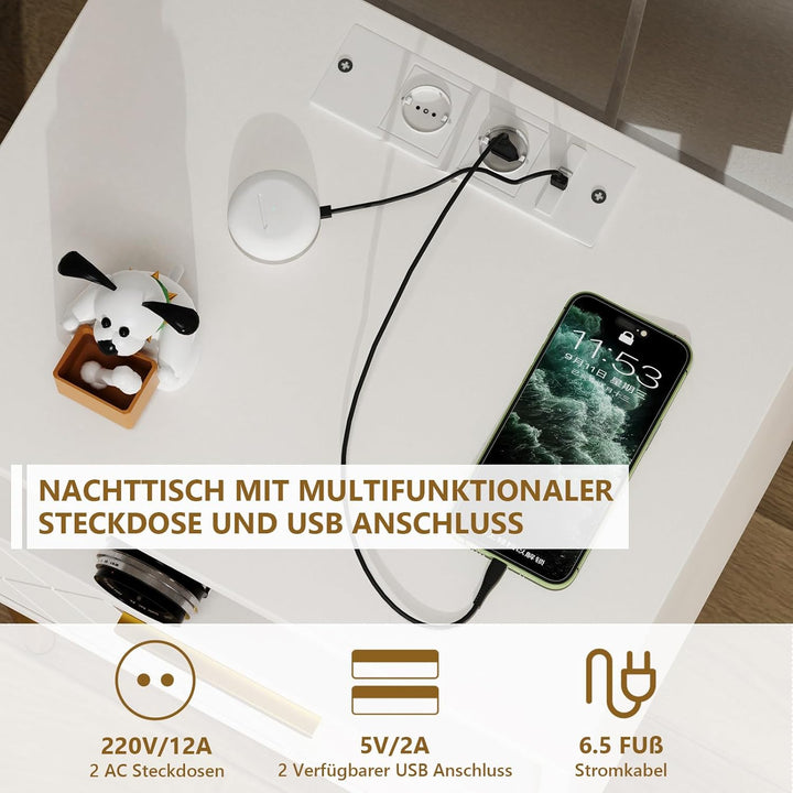 Lvhecforhm Nachttisch mit Ladestation, Nachtschrank mit 1 Offenen Ablagen und 1 Schublade, 2 AC-Stec
