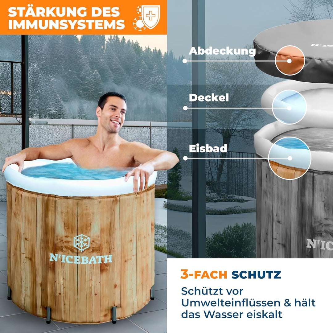 N'ICEBATH Eisbad RefreshPod 80 cm Ø x 75 cm in Holz-Optik - Eisbaden Tonne - faltbare Eisbadewanne f