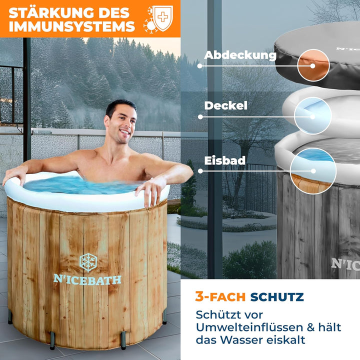 N'ICEBATH Eisbad RefreshPod 80 cm Ø x 75 cm in Holz-Optik - Eisbaden Tonne - faltbare Eisbadewanne f