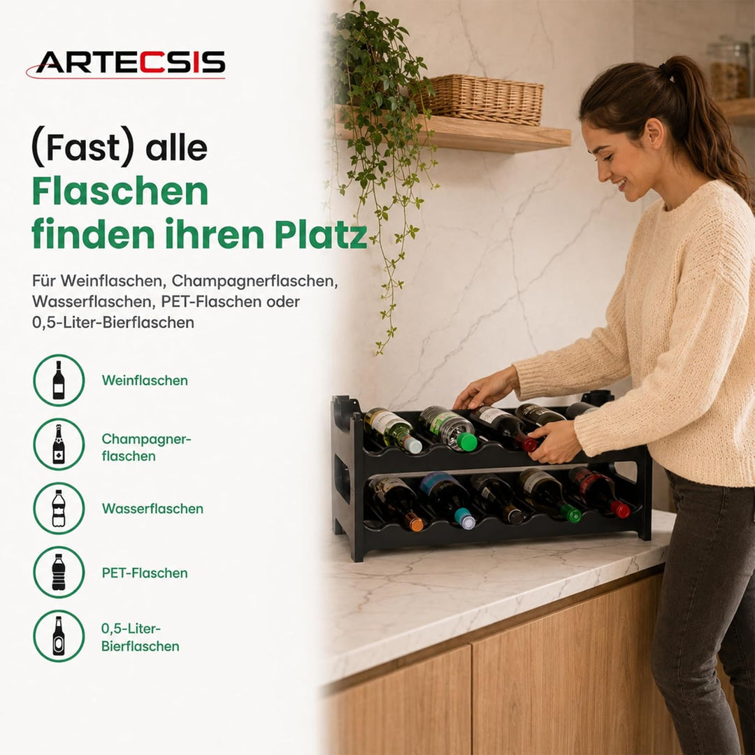 ARTECSIS Weinregal stapelbar Kunststoff für 12 Flaschen, stabiles Flaschenregal in Gastronomie-Quali