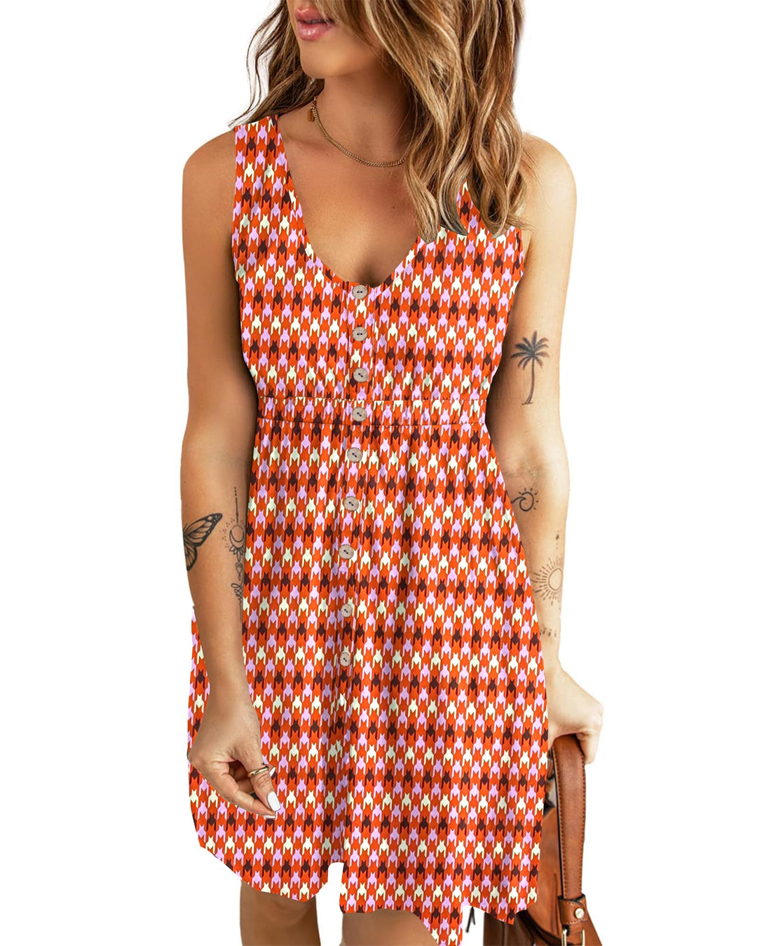 AUSELILY Sommerkleid Damen Ärmellos V-Ausschnitt Minikeid Casual Button Down Strandkleid mit Taschen