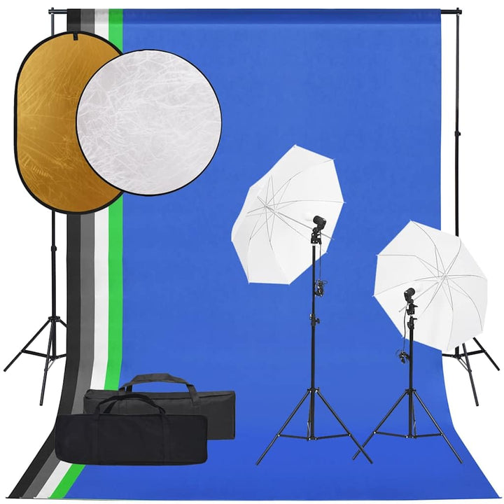 Fotostudio-Set mit Studioblitz, LED-Dauerlicht, Reflektor und Hintergrundsystem, Aluminium-Stativ hö