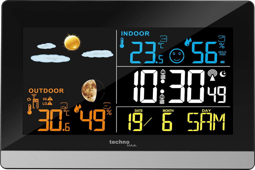 WS6455 Wetterstation mit Innen- und Aussentemperatur, Innen- und Aussenluftfeuchte, farbiges LED Dis