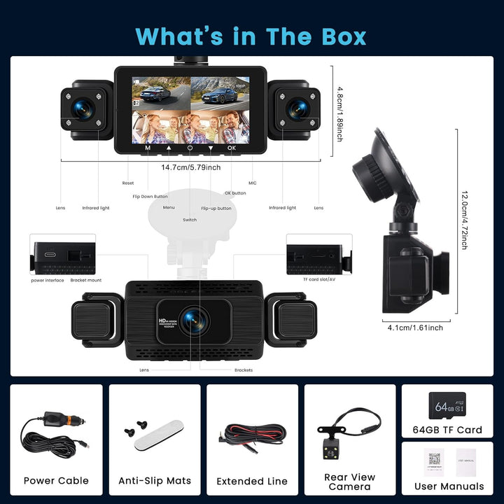WiFi Dashcam Auto 4 Kanal, 360 Grad Dashcam FHD Vorne Hinten Innen Links und Rechts –Loop-Aufnahme,