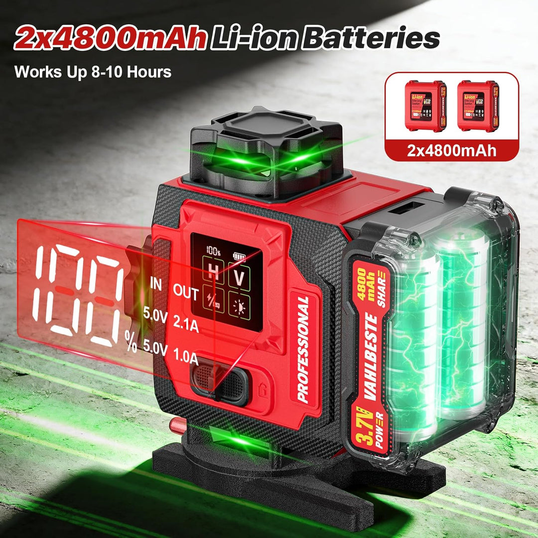 Kreuzlinienlaser mit Stativ, Laser Wasserwaage mit 2x4800 mAh Batterien, 4x360 Grad Laser Level mit