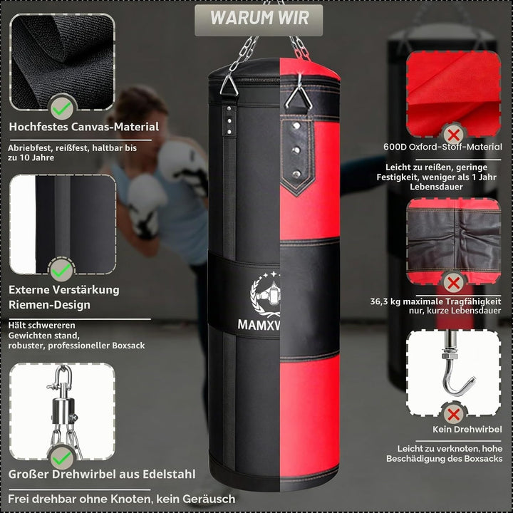 Canvas Boxsack für Erwachsene, 120 cm Schwerer Punchingsäcke Aufhängen Ungefüllt, Canvas Punching Ba