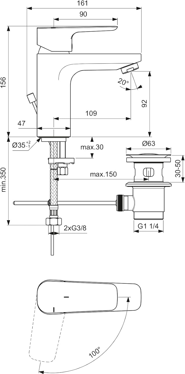 Ideal Standard BC570AA Ceraplan III Slim Waschtischarmatur Slim Grande mit Zugknopf-Ablaufgarnitur A