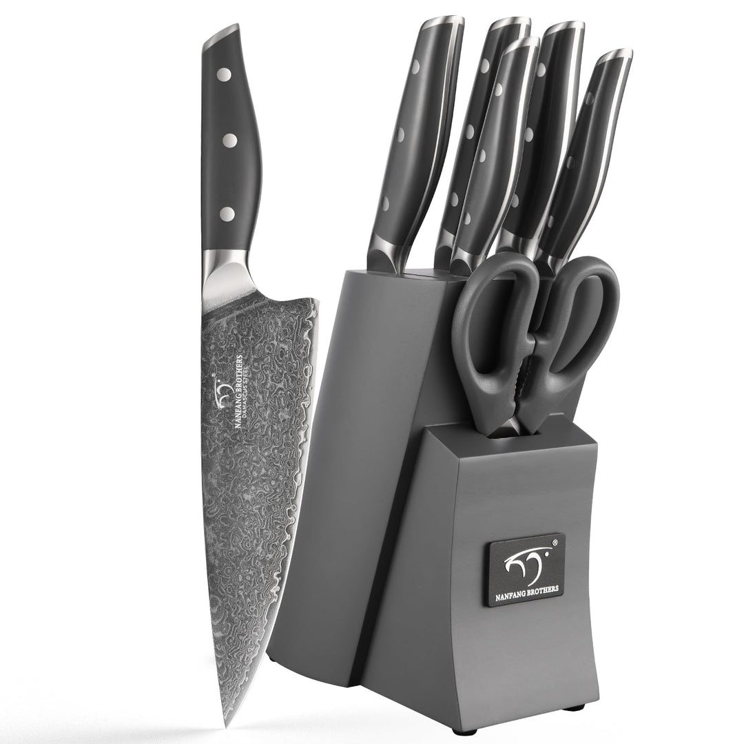 NANFANG BROTHERS Damascus Kitchen Knife Set 7 Piece with Block, Non-Slip ABS Handle, Ultra Sharp Sta