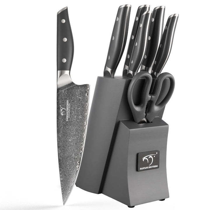 NANFANG BROTHERS Damascus Kitchen Knife Set 7 Piece with Block, Non-Slip ABS Handle, Ultra Sharp Sta