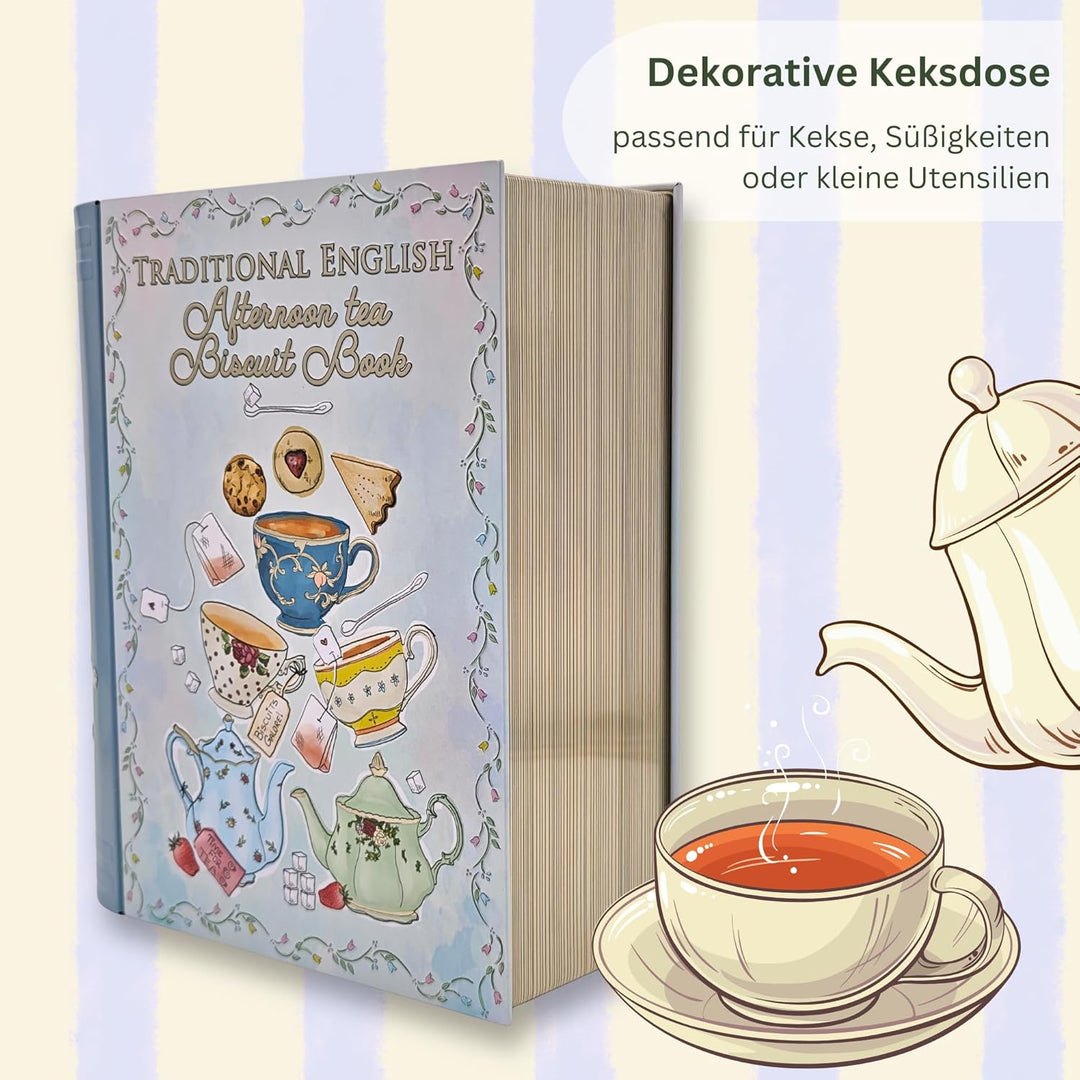 Grosse Buchdose Tea Book Aufbewahrungsdose, Keksdose, Blechdose, aufwändig geprägt und bedruckt. Kek
