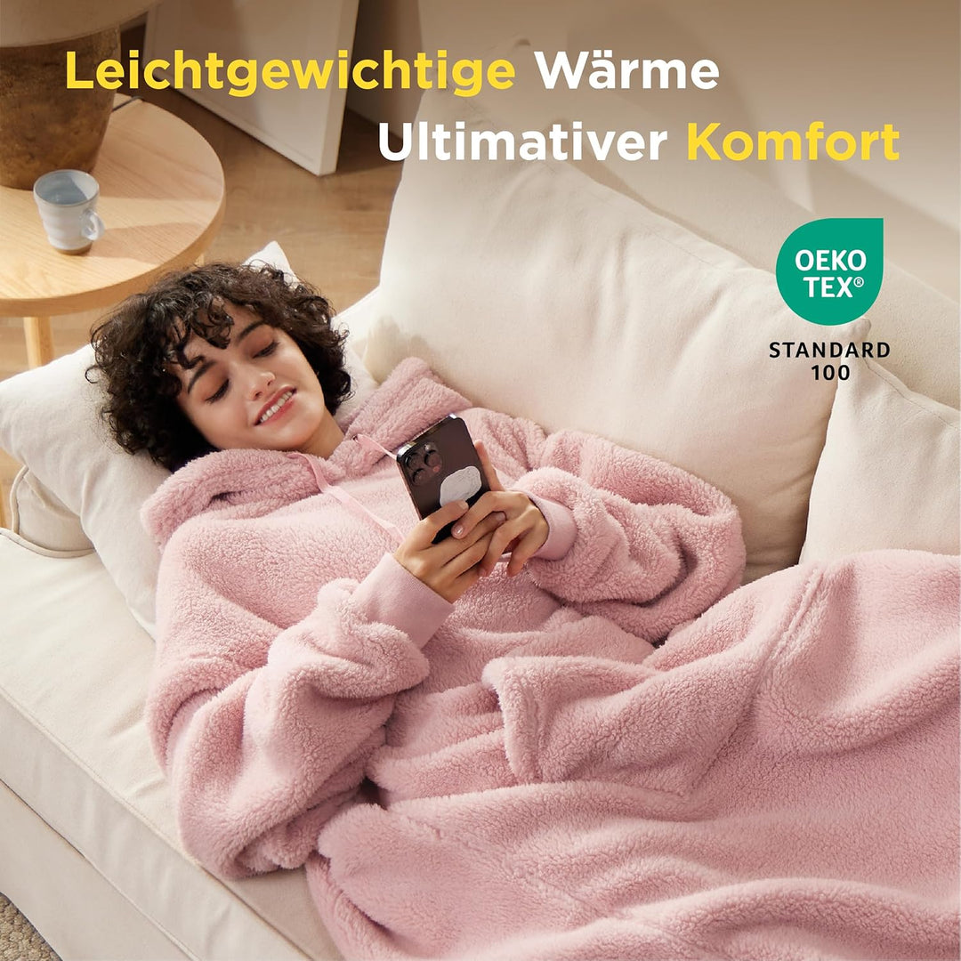 BEDSURE Hoodie Decke mit Ärmeln Kuschelpullover - Tragbare Decke zum Anziehen Erwachsene Rosa, Warm