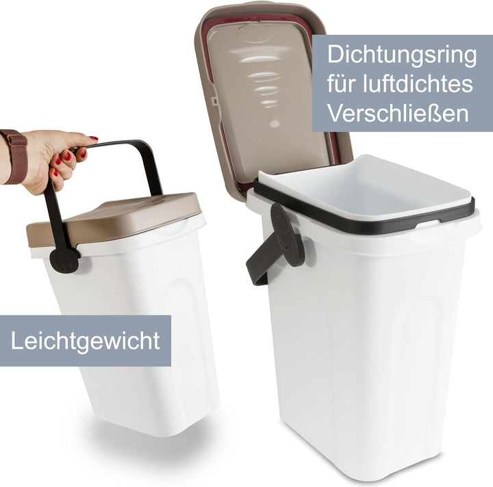 Abfalleimer 7 Liter Weiss-Taupe 23x19x30,5cm - mit Gummidichtung im Deckel mit dem Henkel verschlies