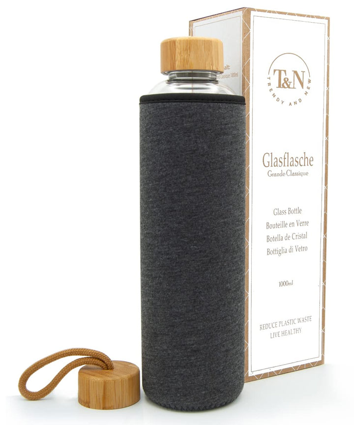 T&N Glasflasche 1 Liter / 750ml / 500ml – Trinkflasche Glas 1l mit Neoprenhülle – Wasserflasche Ausl