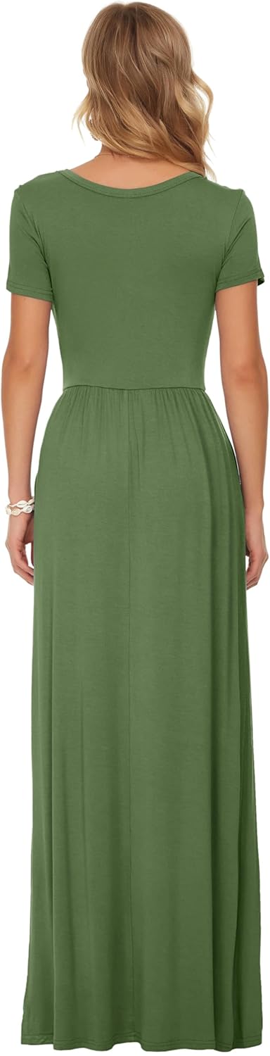 AUSELILY Damen Kurzarm Loose Casual Long Maxi Kleider mit Taschen Armeegrün S, Armeegrün S