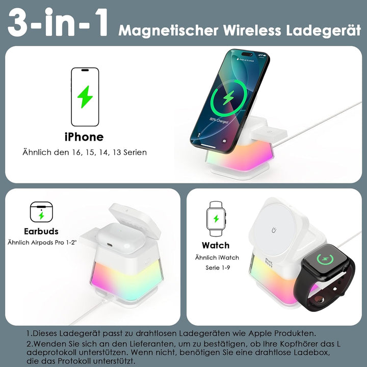 Minthouz 3-in-1 MagSafe Ladestation mit Nachtlicht, Induktive Ladestation für Apple Watch und iPhone