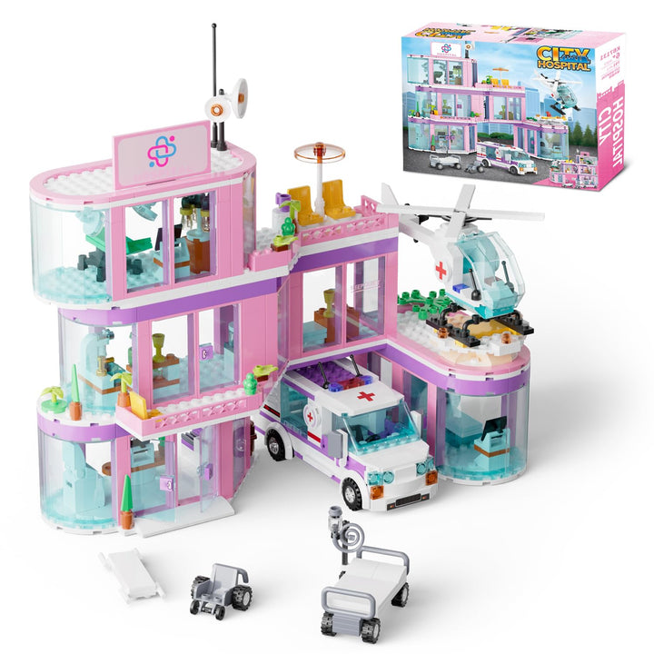 QLT QIAOLETONG Rosa Mädchen City Krankenhaus Baustein Set, Kompatibel mit Lego, inklusive Rettungs H