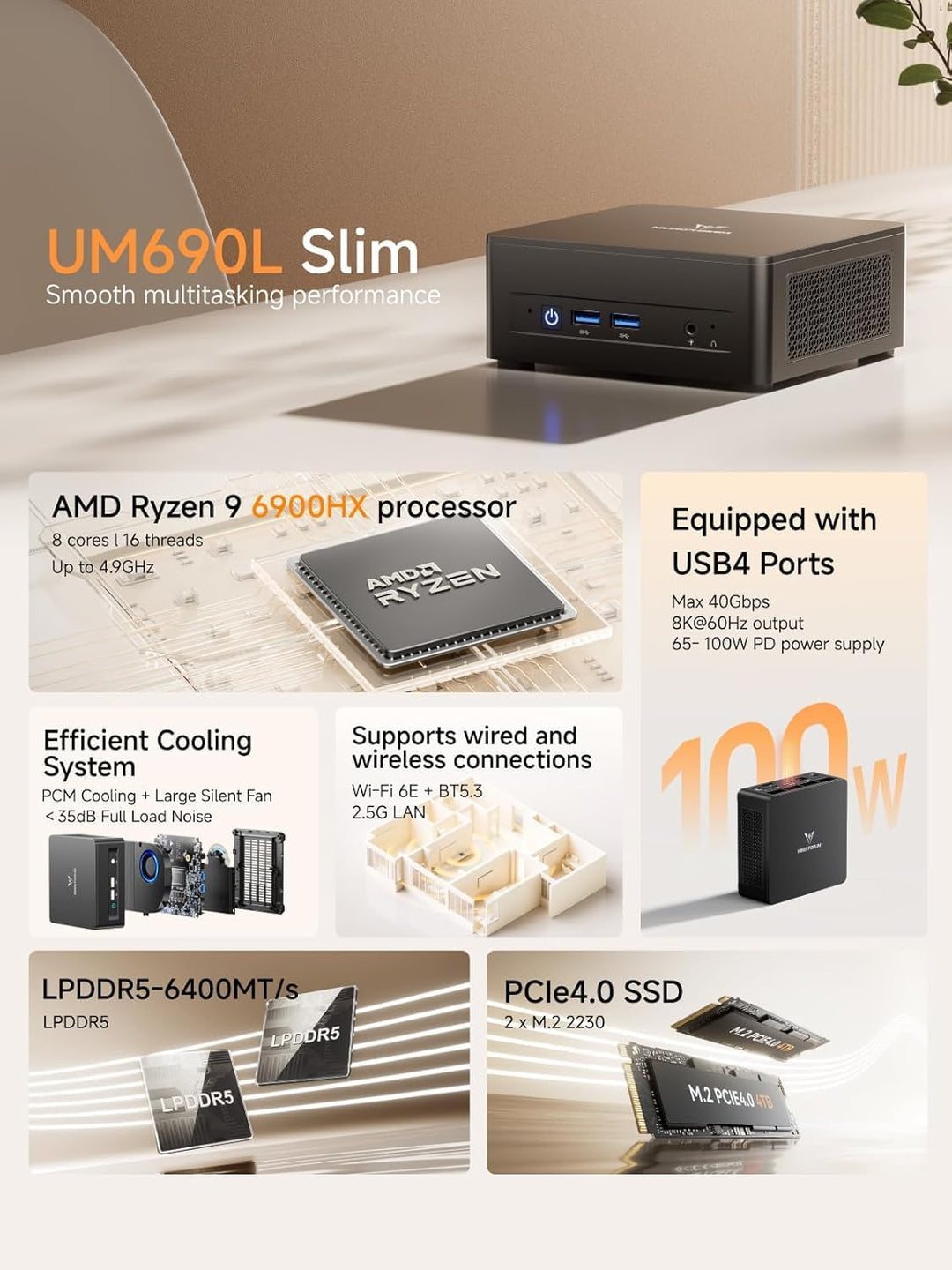 MINIS FORUM UM690L Slim Mini PC, AMD Ryzen 9 6900HX 8-Core-Prozessor bis zu 4,9 GHz mit AMD Radeon 6