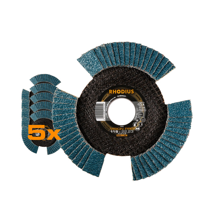 RHODIUS VISION PRO, 5 Stück Ø 115 mm K60 Fächerscheiben durchsichtig, Made in Germany, Metall Edelst