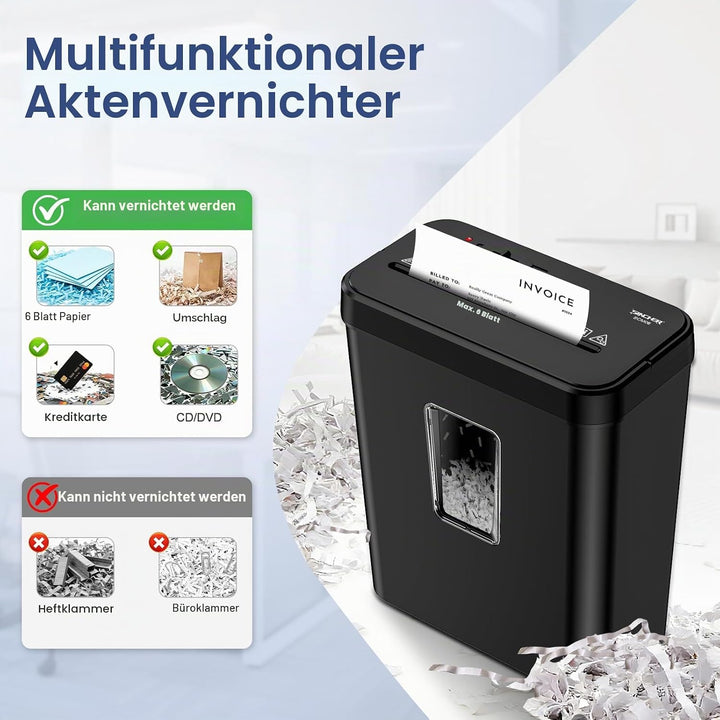 Aktenvernichter, 6-Blatt Kreuzschnitt Papierschredder mit P-4 Geheimhaltungsstufe, 13L Papierkorb mi