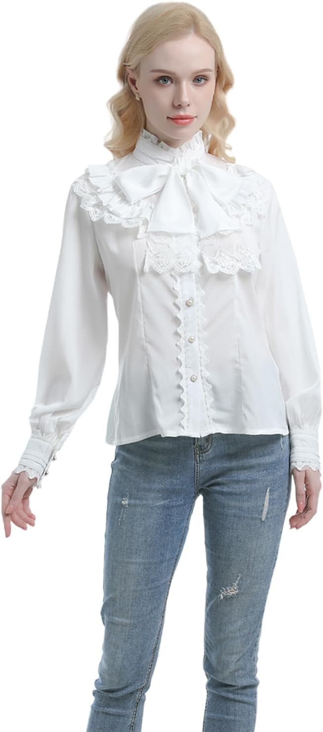 CR ROLECOS Viktorianische Bluse Damen Stehkragen Damen Mittelalter Rüschenbluse Vintage Bluse Weiss