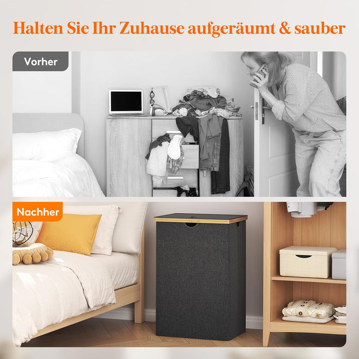 Lifewit 170L Bambus Wäschekorb mit Deckel, Faltbar Wäschesammler 3 Fächer Wäschesortierer mit Abnehm