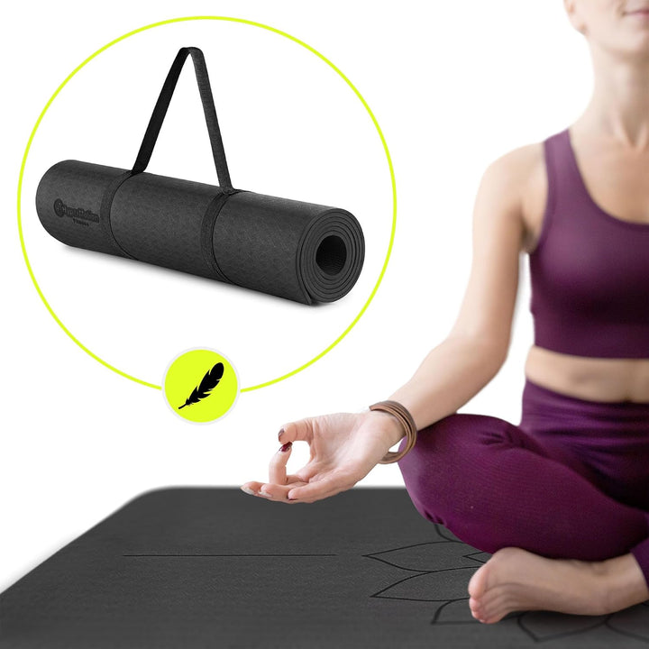 HyperMotion Yogamatte Fitnessmatte NBR 183x61x0,8 cm Schwarz, Rutschfest 8 mm, mit Tragegurt und Str