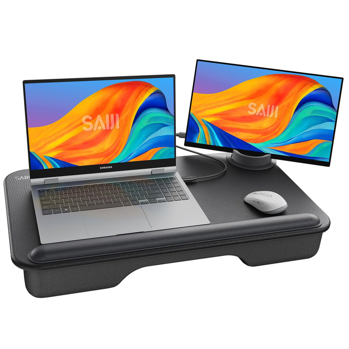Laptop unterlage, SAIJI Laptopkissen Komfort Leder Desktop, mit Telefonhalter, Handgelenkauflage, La