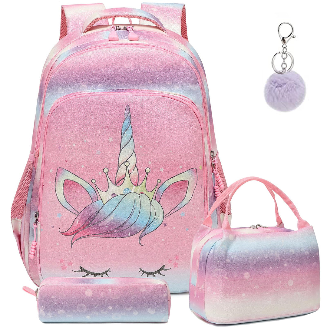 Kimwadalh Mädchen Schulrucksack 3 Teilig Schultasche Glitzer Rucksack Schulranzen Set Mädchen Jungen