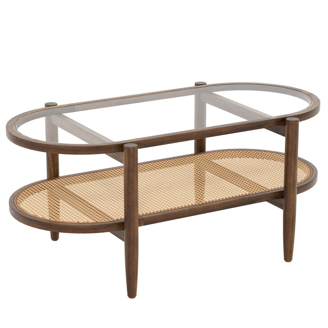 LIFEZEAL Couchtisch Glas aus Holz, Wohnzimmertisch mit 2 Ebenen, Sofatisch Glastisch aus Massivholz,