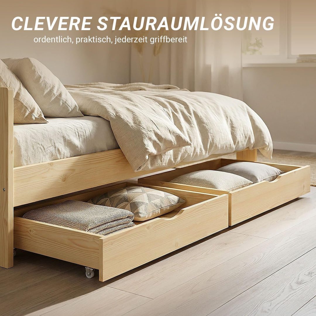 Homestyle4u Bettkasten 2er Set Holz Aufbewahrung mit Rollen, Bett Schublade Bettauszug Natur