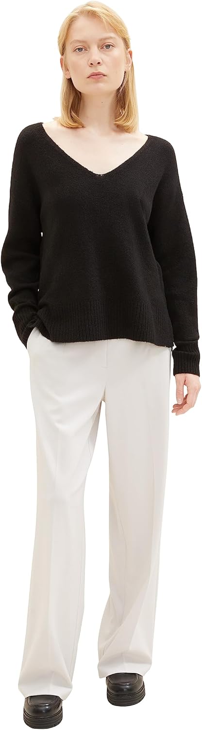 TOM TAILOR Denim Damen Basic Pullover mit V-Ausschnitt L 14482-deep Black, L 14482-deep Black