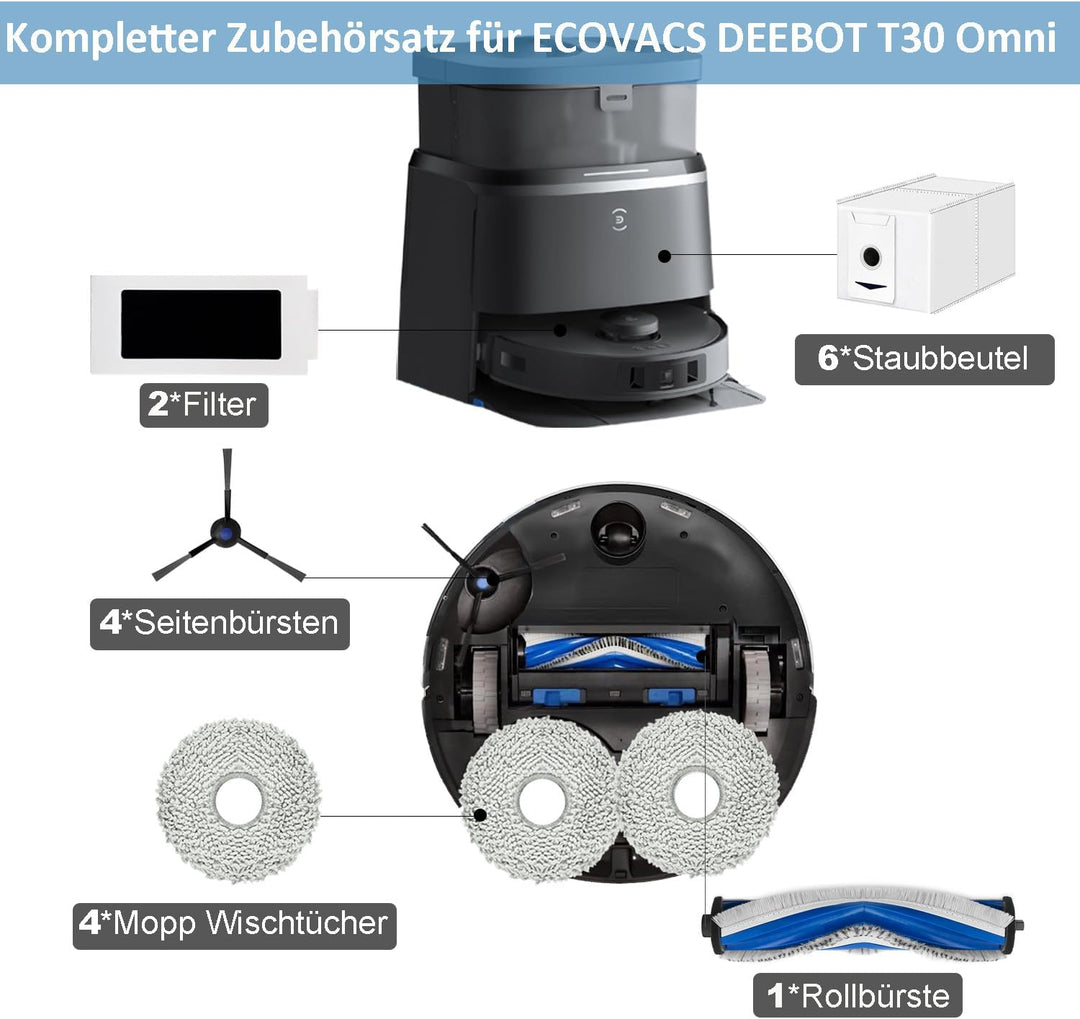 Zubehörset für ECOVACS DEEBOT T30 Omni/ T30 PRO Omni, JKOISL 1*Rollbürste 6*Staubbeutel 4*Mopp Wisch