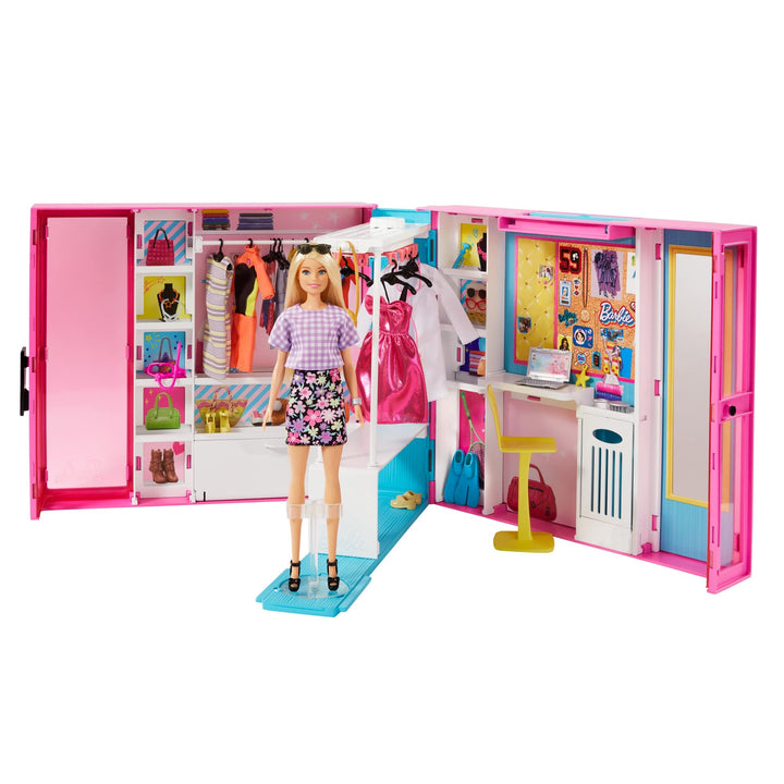 Barbie GBK10 - Traum Kleiderschrank mit Blonder Puppe, +25 Zubehörteilen, 60 cm, +10 Aufbewahrungsbe