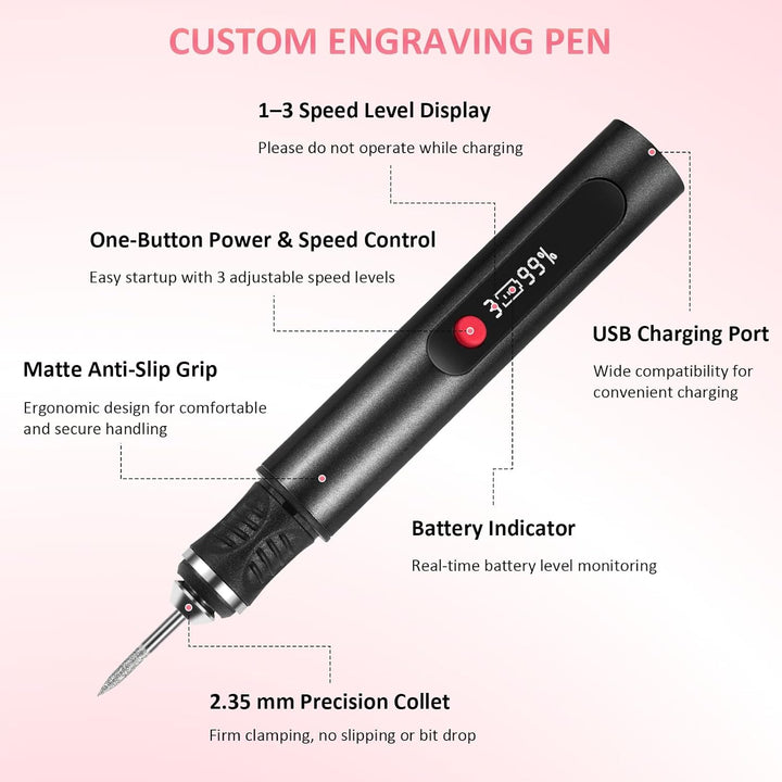 Customizer Gravierstift Set kabellos, wiederaufladbarer Customizer Engraving Pen mit 3 Geschwindigke