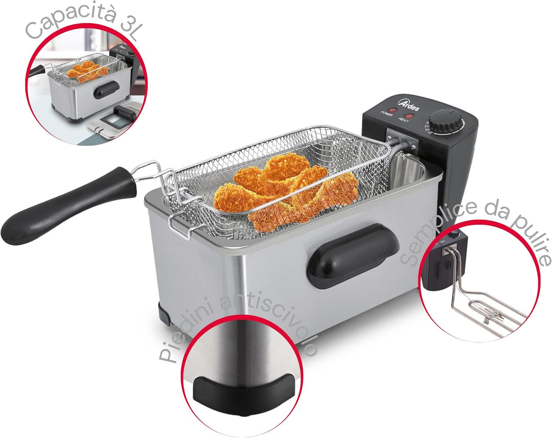 ARDES - AR1D30 Fritteuse 3 Liter, Fritteuse für Fisch, Pommes frites und Huhn, Öl-Fritteuse, Höchstt