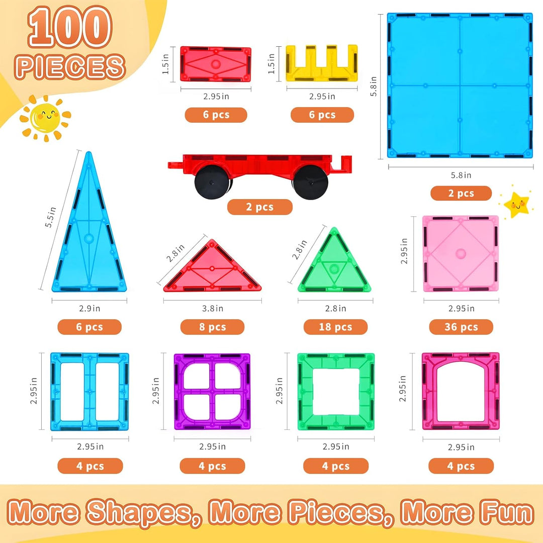Katiago Magnetische Bausteine, 100PCS Magnetbausteine Set mit 2 Autos STEM Montessori Magnet Spielze