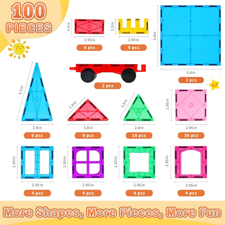 Katiago Magnetische Bausteine, 100PCS Magnetbausteine Set mit 2 Autos STEM Montessori Magnet Spielze