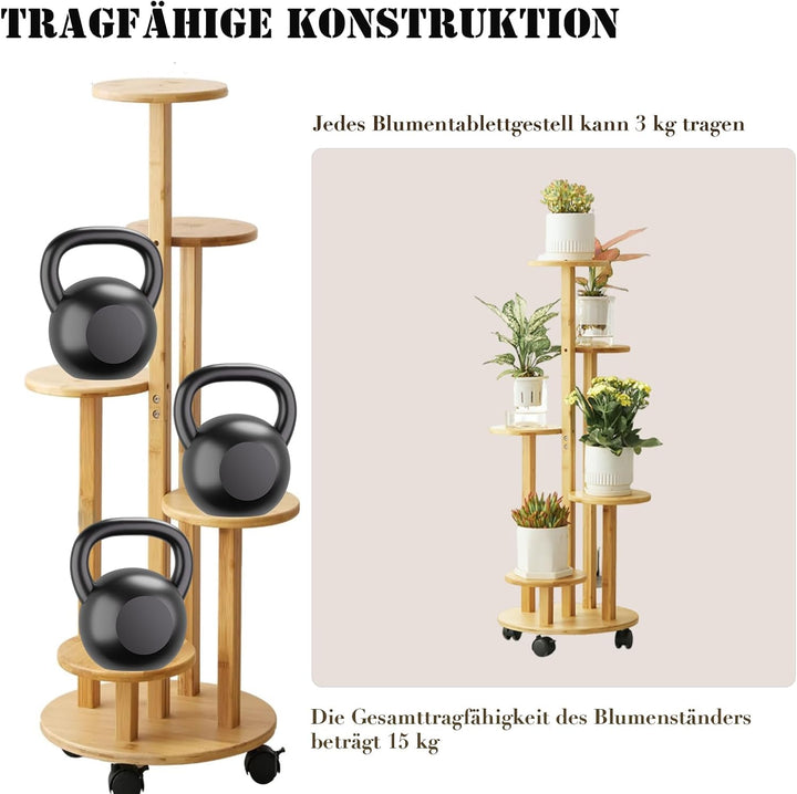 KEBMCHN Blumenständer Bambus mit Rollen, 5 Etagen Pflanzenständer Blumenregal Balkon,Chassis Ø31.5*O